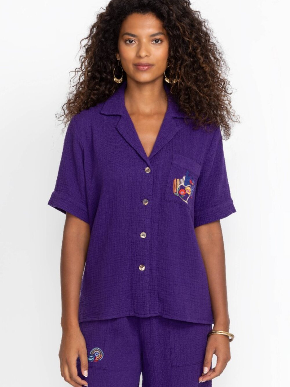 Johnny Was BIYA Camp Shirt Embroidered Purple Size Small NWOT
